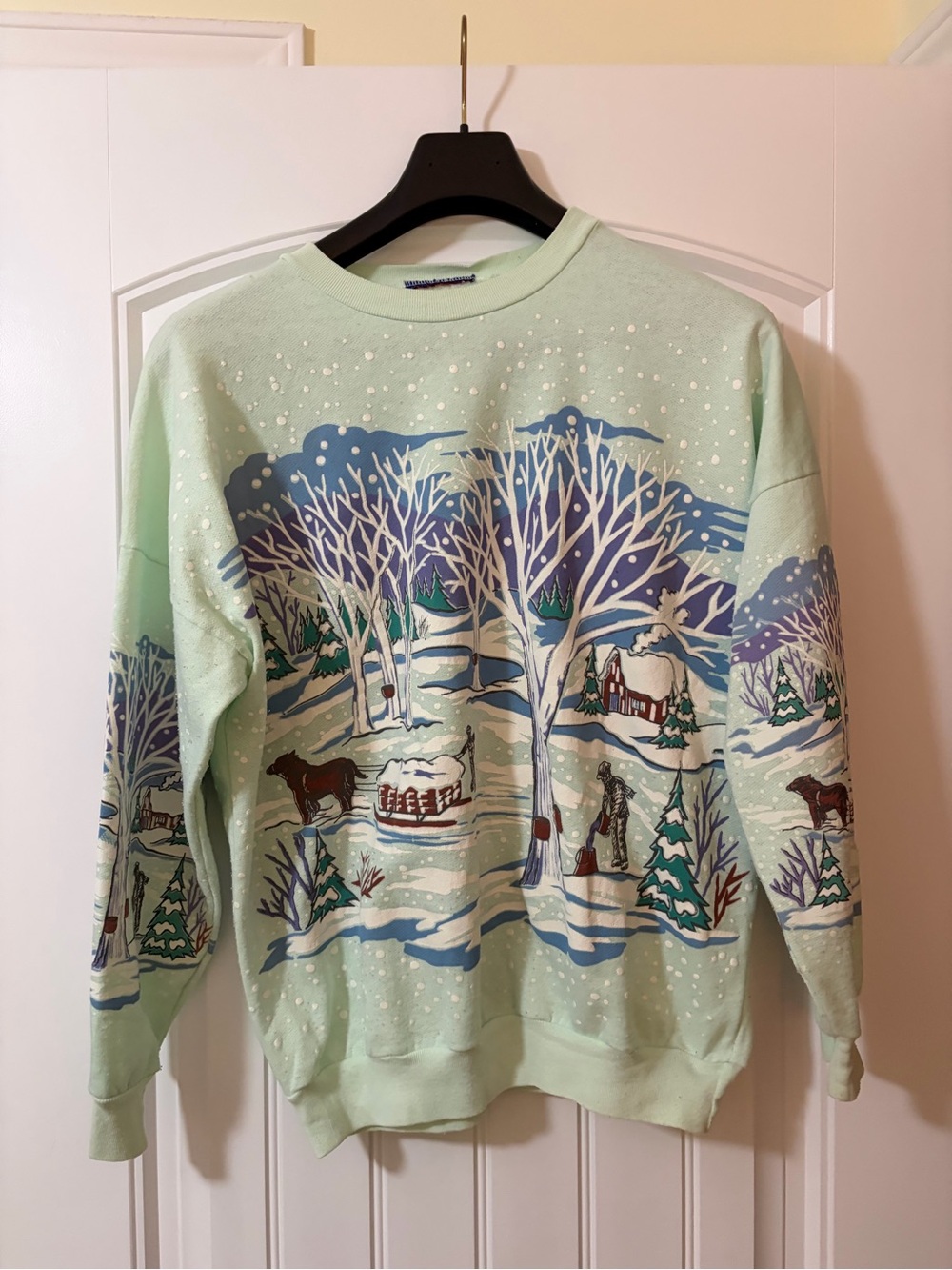 Vintage Mint Green All Over Puff Print Winter Scene
